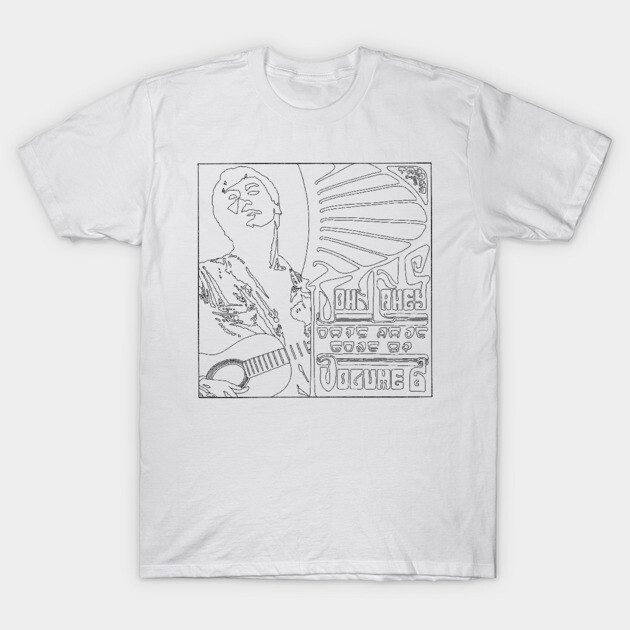 White unisex t-shirt with artistic black line drawing, featuring a guitar player, ideal for casual wear.