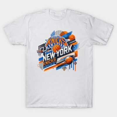 White New York basketball graphic t-shirt, vibrant orange and blue design, casual sportswear, 100% cotton.
