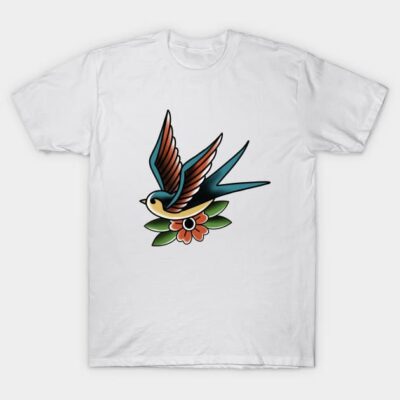 White t-shirt with colorful swallow and flower design, casual style, unisex, 100% cotton, perfect for everyday wear.