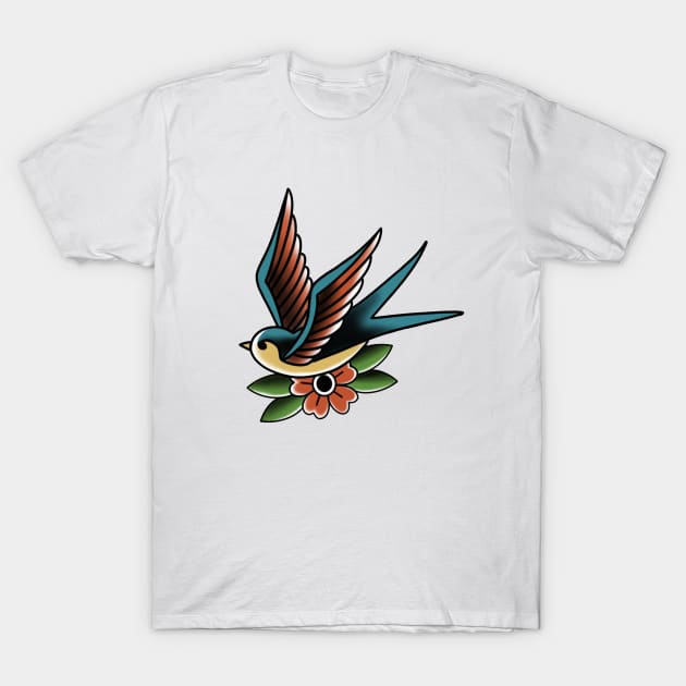Swallow T-Shirt 1 White t-shirt with colorful swallow and flower design, casual style, unisex, 100% cotton, perfect for everyday wear.