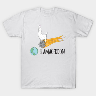 White "Llamageddon" T-shirt featuring a quirky llama design on a comet, perfect for casual wear and gift ideas.