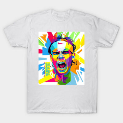White graphic t-shirt featuring vibrant abstract pop art design, unisex casual wear, 100% cotton.