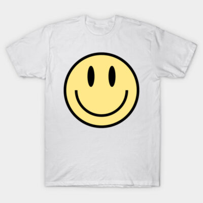White cotton T-shirt with a yellow smiley face graphic, casual wear, unisex style, perfect for everyday comfort.