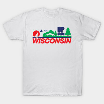 White "Up North Wisconsin" graphic t-shirt, eco-friendly cotton, casual style, red and green design, unisex fit.
