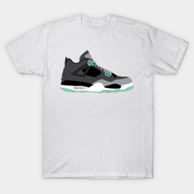 White T-shirt with sneaker graphic, featuring black, gray, and teal colors, casual style, cotton material.
