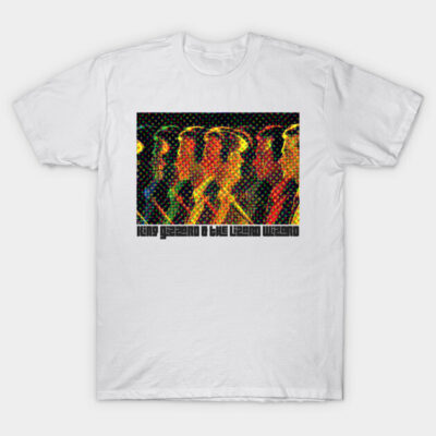 White cotton t-shirt with vibrant abstract graphic design, featuring colorful patterns for casual wear.
