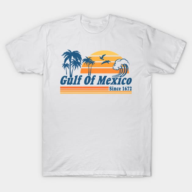 White cotton T-shirt with "Gulf of Mexico" print in blue and orange, featuring palm trees and sunset design.