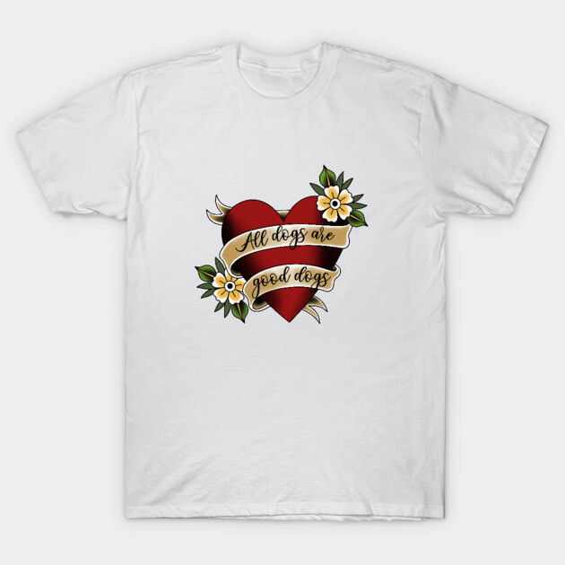White t-shirt with heart and floral design, text "All dogs are good dogs," casual wear, cotton material.