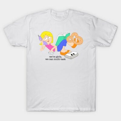 White cotton T-shirt with cartoon graphic and "we're girls, we can multi-task" text. Casual wear, unisex design.