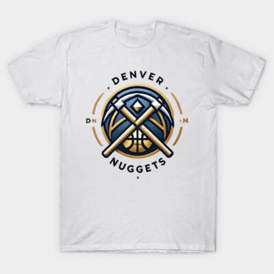 White Denver Nuggets logo t-shirt, short sleeve, casual wear, cotton material, sports fan apparel.