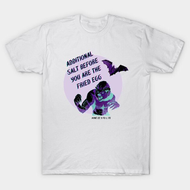 White graphic t-shirt with purple monster and bat design, featuring humorous text. Casual wear, cotton material.