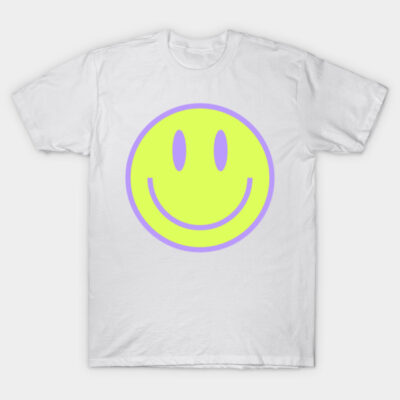 White t-shirt with neon yellow smiley face design, casual style, cotton material, suitable for everyday wear.