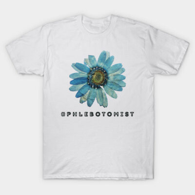 White T-shirt with blue daisy graphic and "Phlebotomist" text, casual style, cotton fabric.