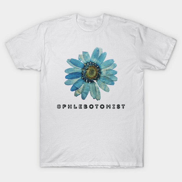 White T-shirt with blue daisy graphic and "Phlebotomist" text, casual style, cotton fabric.