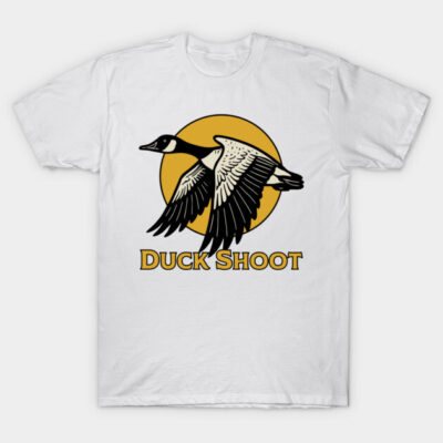 White t-shirt with duck graphic and "Duck Shoot" text, casual style, perfect for outdoor enthusiasts and nature lovers.