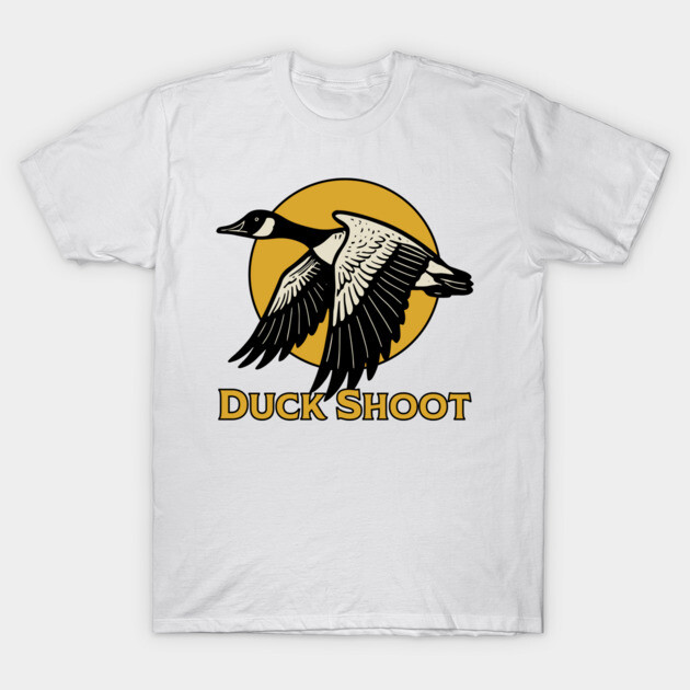 White t-shirt with duck graphic and "Duck Shoot" text, casual style, perfect for outdoor enthusiasts and nature lovers.