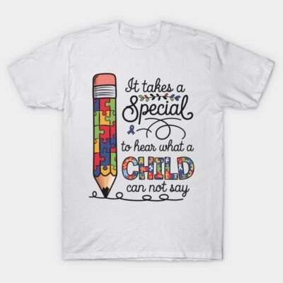 White t-shirt with colorful puzzle piece pencil graphic and inspiring text, promoting awareness and support.