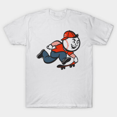 White t-shirt with cartoon baseball character skateboarding, wearing red cap and shirt. Fun sports-themed casual wear.