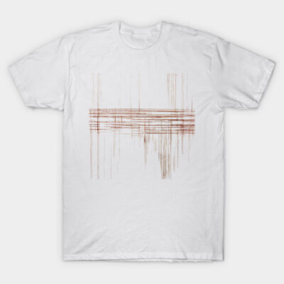 White t-shirt with abstract linear brown pattern, casual style, soft cotton fabric, ideal for everyday wear.