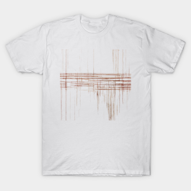 print_001 T-Shirt 1 White t-shirt with abstract linear brown pattern, casual style, soft cotton fabric, ideal for everyday wear.