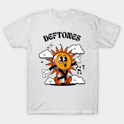 White cotton t-shirt with colorful cartoon sun and cloud design, featuring musical notes and playful text.