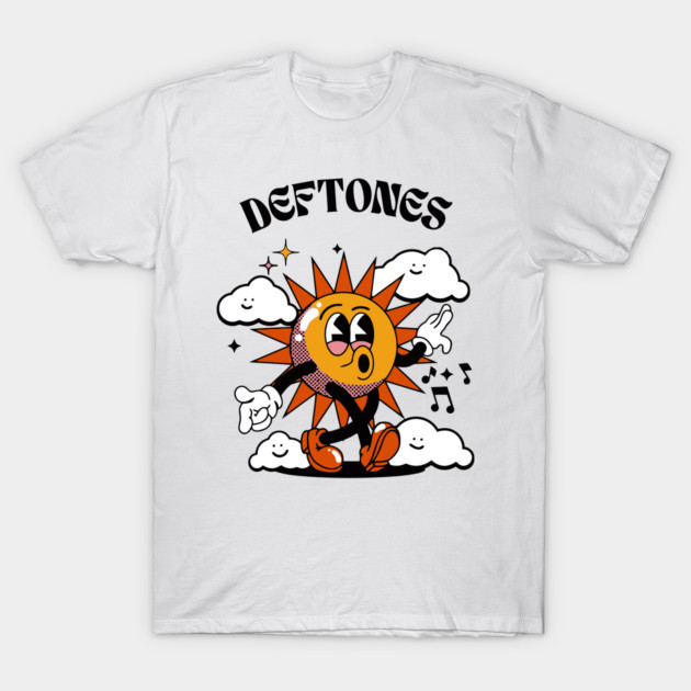 White cotton t-shirt with colorful cartoon sun and cloud design, featuring musical notes and playful text.