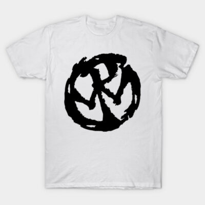 White t-shirt with black abstract circle design, casual style, 100% cotton, ideal for daily wear.