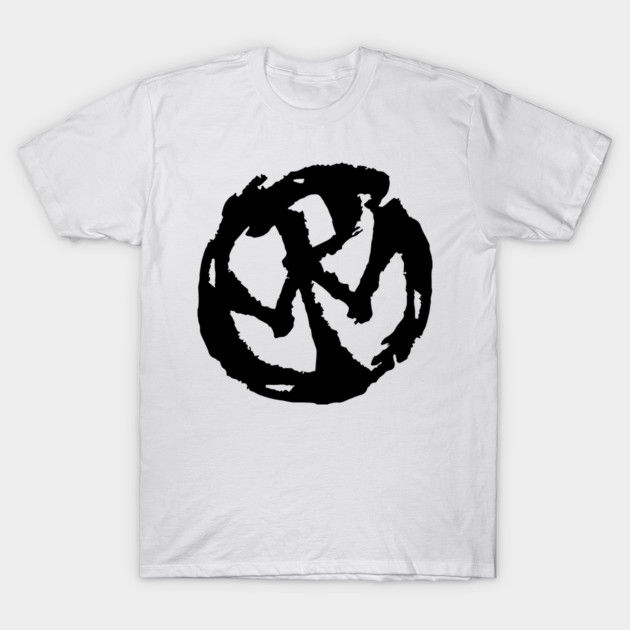White t-shirt with black abstract circle design, casual style, 100% cotton, ideal for daily wear.