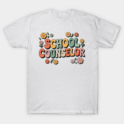 White t-shirt with "School Counselor" text and colorful floral design, ideal for casual wear or gifting.