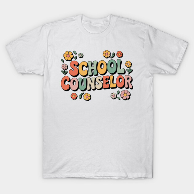 White t-shirt with "School Counselor" text and colorful floral design, ideal for casual wear or gifting.