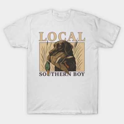 White cotton T-shirt featuring vintage-style dog and duck design with "Local Southern Boy" text, casual wear.