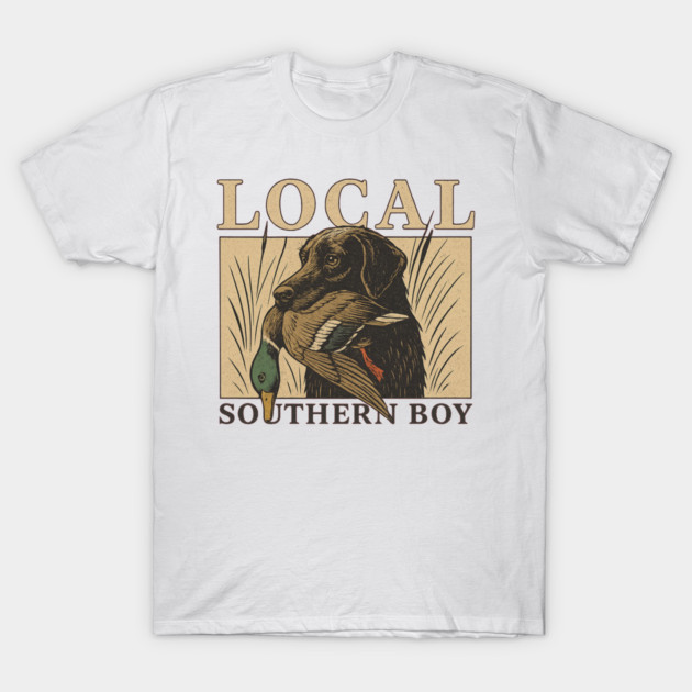 White cotton T-shirt featuring vintage-style dog and duck design with "Local Southern Boy" text, casual wear.