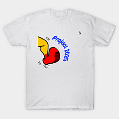 White "Project 2025" t-shirt with red and yellow boxing glove graphic, casual cotton tee for everyday wear.