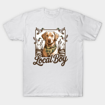 White t-shirt with dog and ducks design, "Local Boy" text, casual wear, cotton fabric, animal-themed graphic tee.