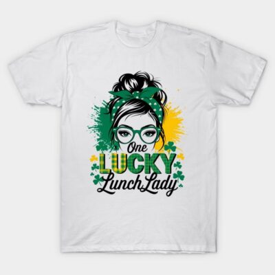 White t-shirt with "One Lucky Lunch Lady" design, featuring green and yellow accents, ideal for casual wear.