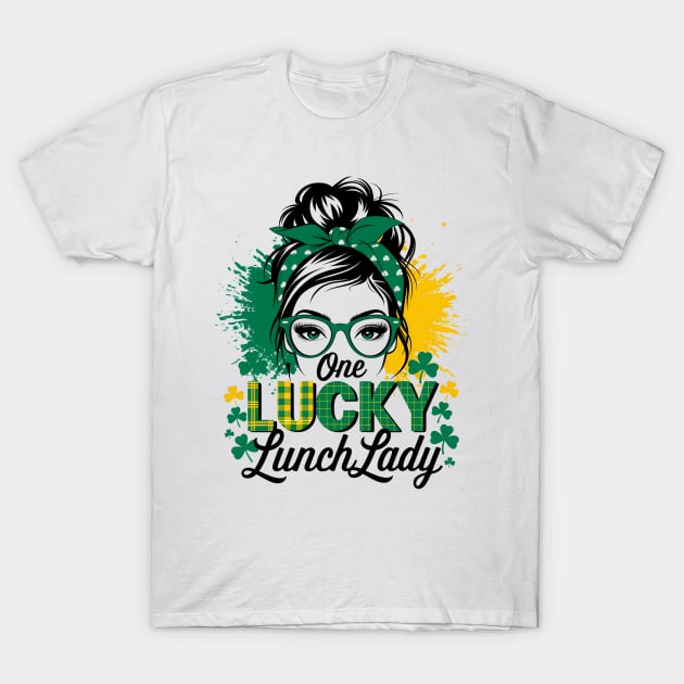 White t-shirt with "One Lucky Lunch Lady" design, featuring green and yellow accents, ideal for casual wear.
