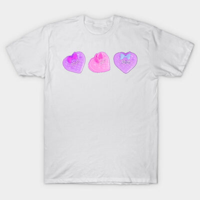 White T-shirt with colorful heart graphics, casual style, cotton material, suitable for everyday wear.