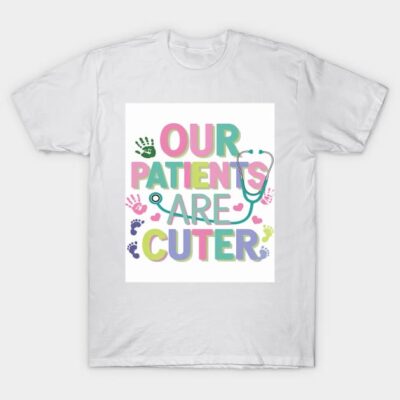 White t-shirt with colorful "Our Patients Are Cuter" text and playful designs, perfect for medical professionals.