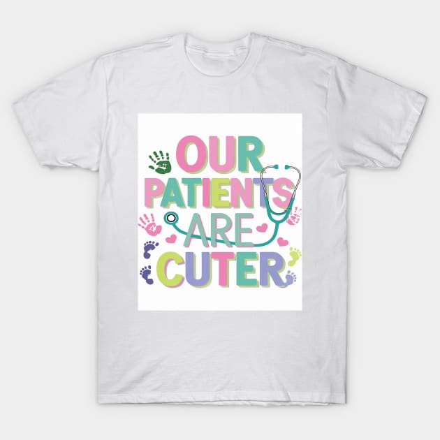 White t-shirt with colorful "Our Patients Are Cuter" text and playful designs, perfect for medical professionals.