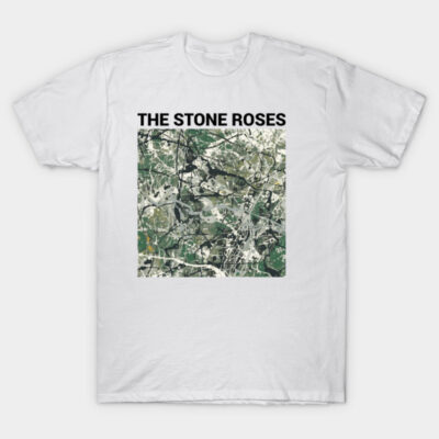 White T-shirt with abstract green graphic design, "The Stone Roses" text, casual style, cotton material.