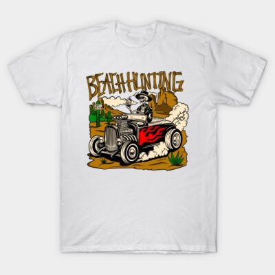 White t-shirt with vintage hot rod design, featuring flames and desert backdrop. Comfortable casual wear, cotton fabric.