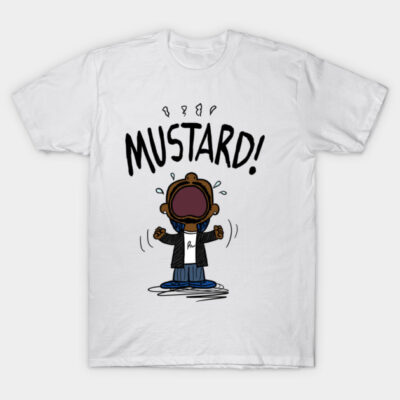 White graphic t-shirt with cartoon character and "Mustard!" text, casual style, cotton material, unisex design.