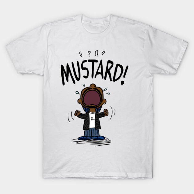 Mustard T-Shirt 1 White graphic t-shirt with cartoon character and "Mustard!" text, casual style, cotton material, unisex design.