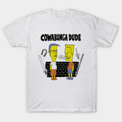 White graphic t-shirt featuring cartoon characters with "Cowabunga Dude" text, casual style, cotton material.