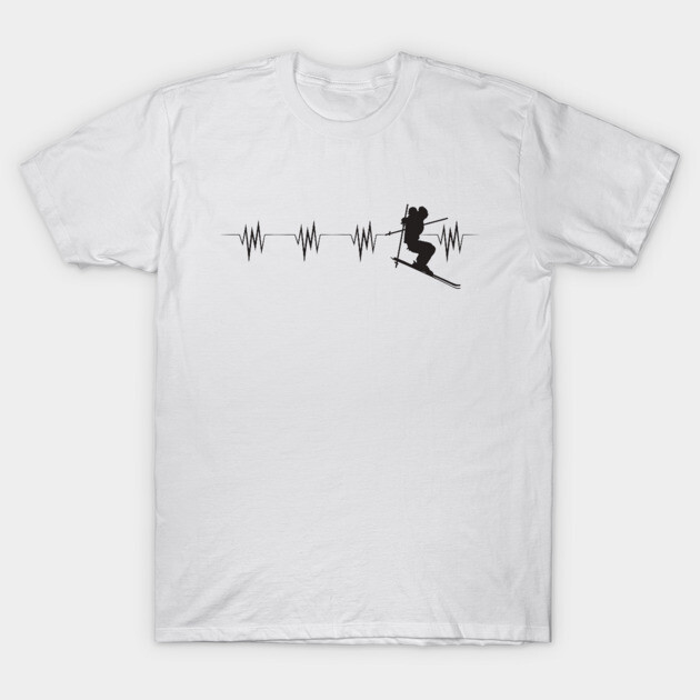 White t-shirt with black ski silhouette and heartbeat design, cotton fabric, casual style, ideal for winter sports enthusiasts.