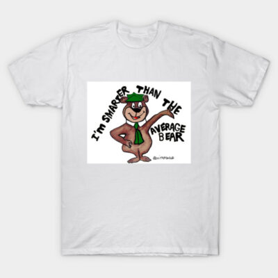 White T-shirt with cartoon bear and "I'm Smarter Than the Average Bear" text, casual wear, cotton fabric.