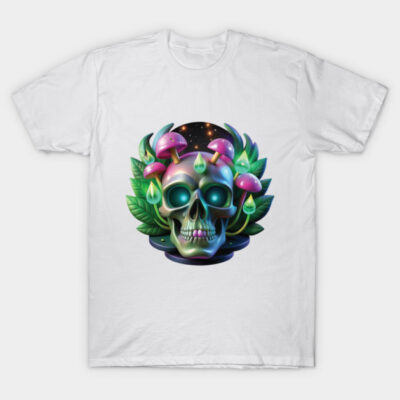 White t-shirt with colorful skull and mushroom design, featuring green leaves. Ideal for casual wear, cotton material.