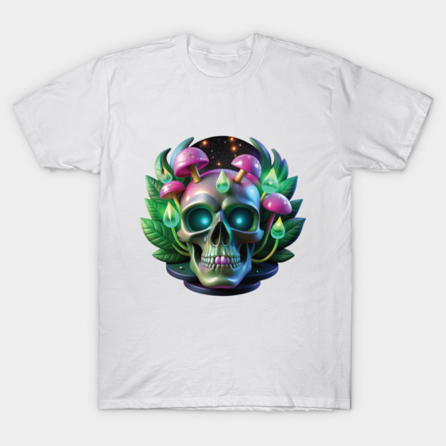 White t-shirt with colorful skull and mushroom design, featuring green leaves. Ideal for casual wear, cotton material.