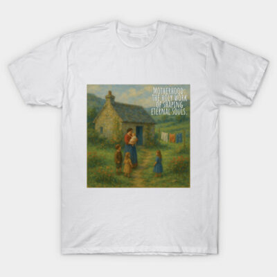 White cotton t-shirt featuring a vintage motherhood illustration and quote, ideal for casual wear and gifting.