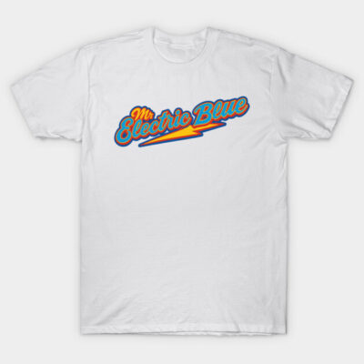 White cotton t-shirt with "Mr Electric Blue" graphic design, casual style, suitable for everyday wear.